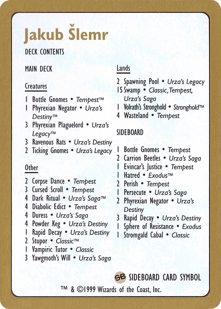 Jakub Šlemr Decklist (1999) (WCD-) - World Championship Decks 1999