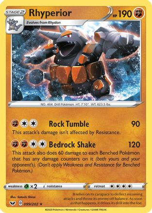Rhyperior 099/202  - Reverse Holofoil SWSH01 Sword & Shield Base Set - Holo Rare