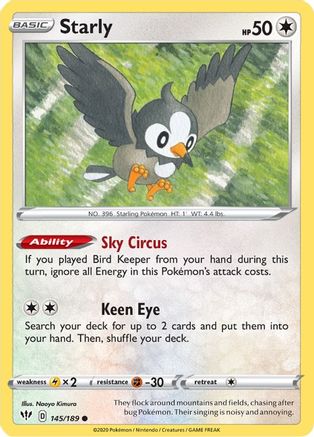 Starly 145/189  - Reverse Holofoil SWSH03 Darkness Ablaze - Common