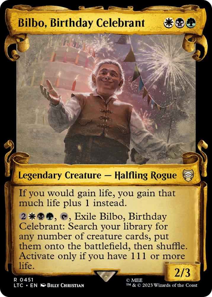Bilbo, Birthday Celebrant (Showcase Scrolls) (LTC-451) - Tales of Middle-earth Commander: (Showcase) Foil