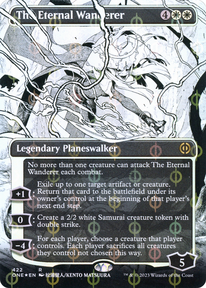 The Eternal Wanderer (Borderless) (Step-and-Compleat Foil) (ONE-422) - Phyrexia: All Will Be One: (Showcase) (Borderless) Foil