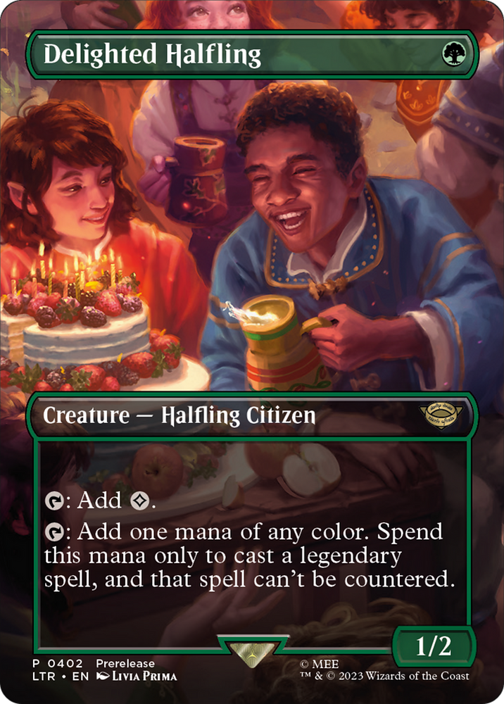 Delighted Halfling (Borderless) (LTR-402) - The Lord of the Rings: Tales of Middle-earth (Borderless) Foil