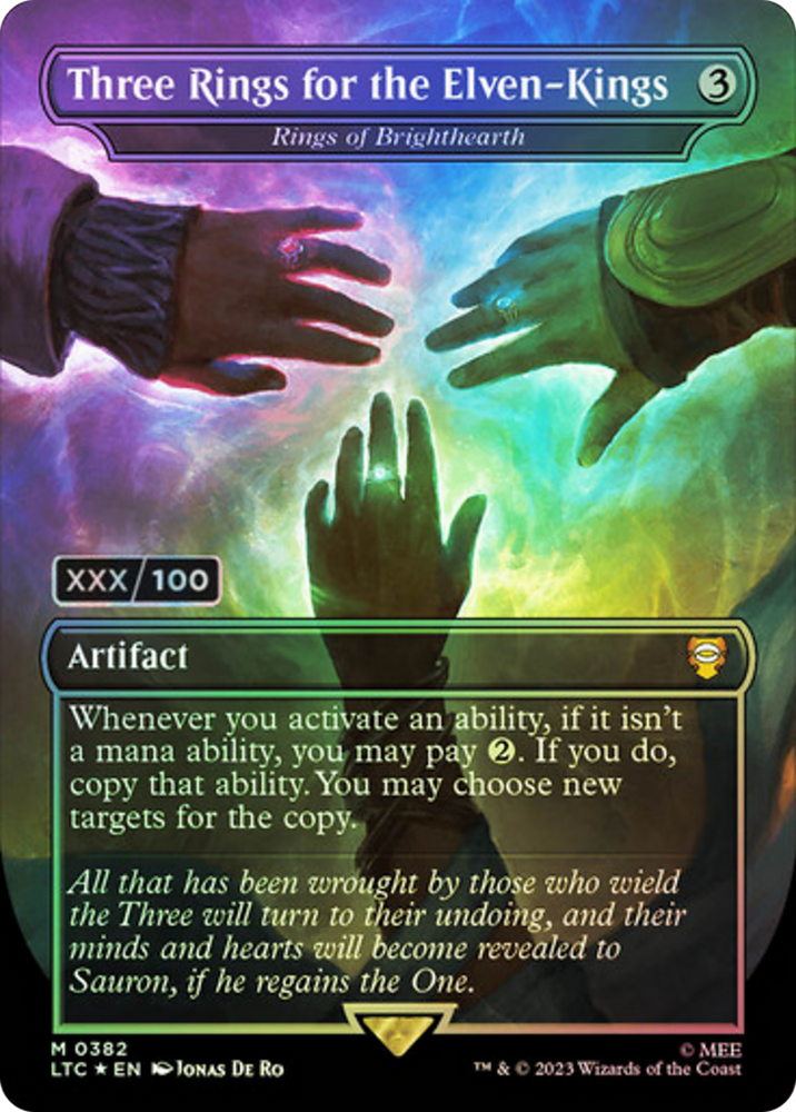 Three Rings for the Elven-Kings - Rings of Brighthearth (Serial Numbered) (LTC-382Z) - Tales of Middle-earth Commander / Three Rings for the Elven-Kings (Borderless) Foil