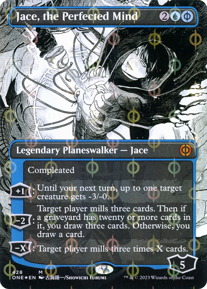 Jace, the Perfected Mind (Borderless) (Step-and-Compleat Foil) (ONE-428) - Phyrexia: All Will Be One: (Showcase) (Borderless) Foil